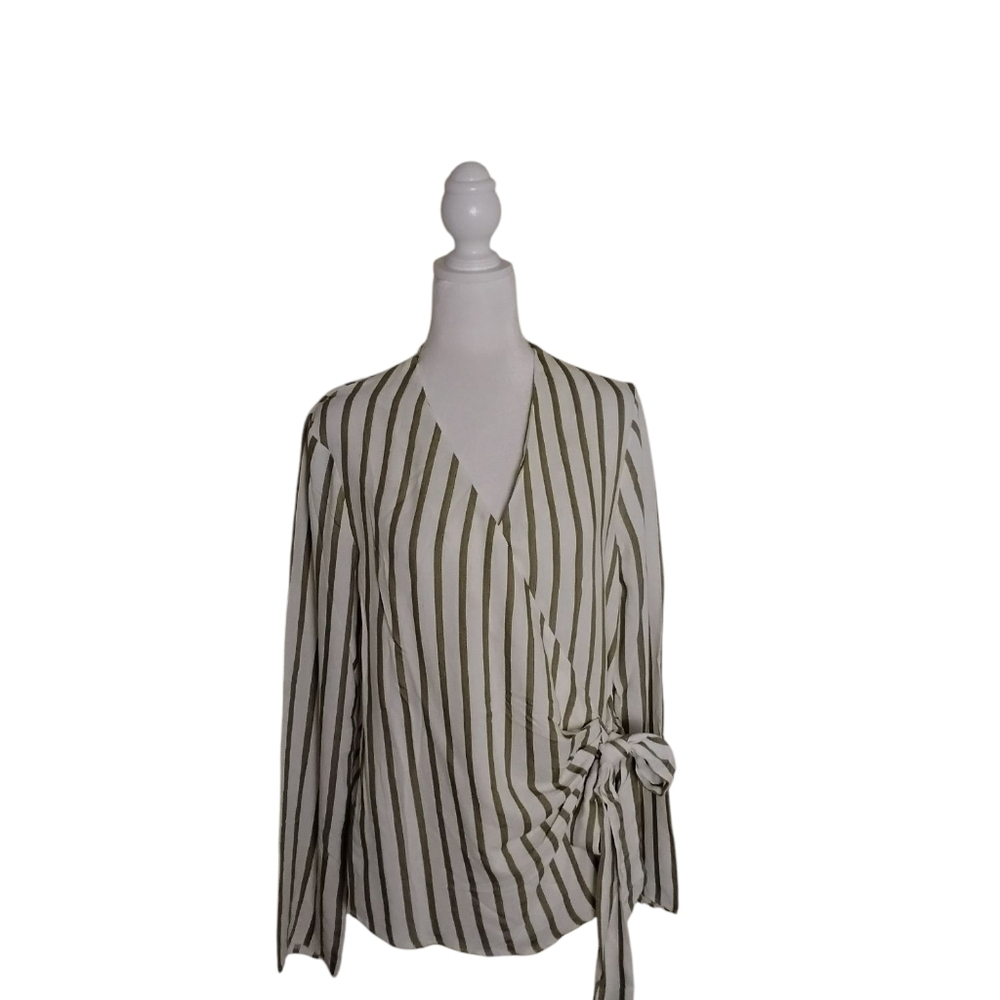 Topshop Women's 6 Olive Cream Stripe Wrap Tie V-Neck Long Sleeve Top
